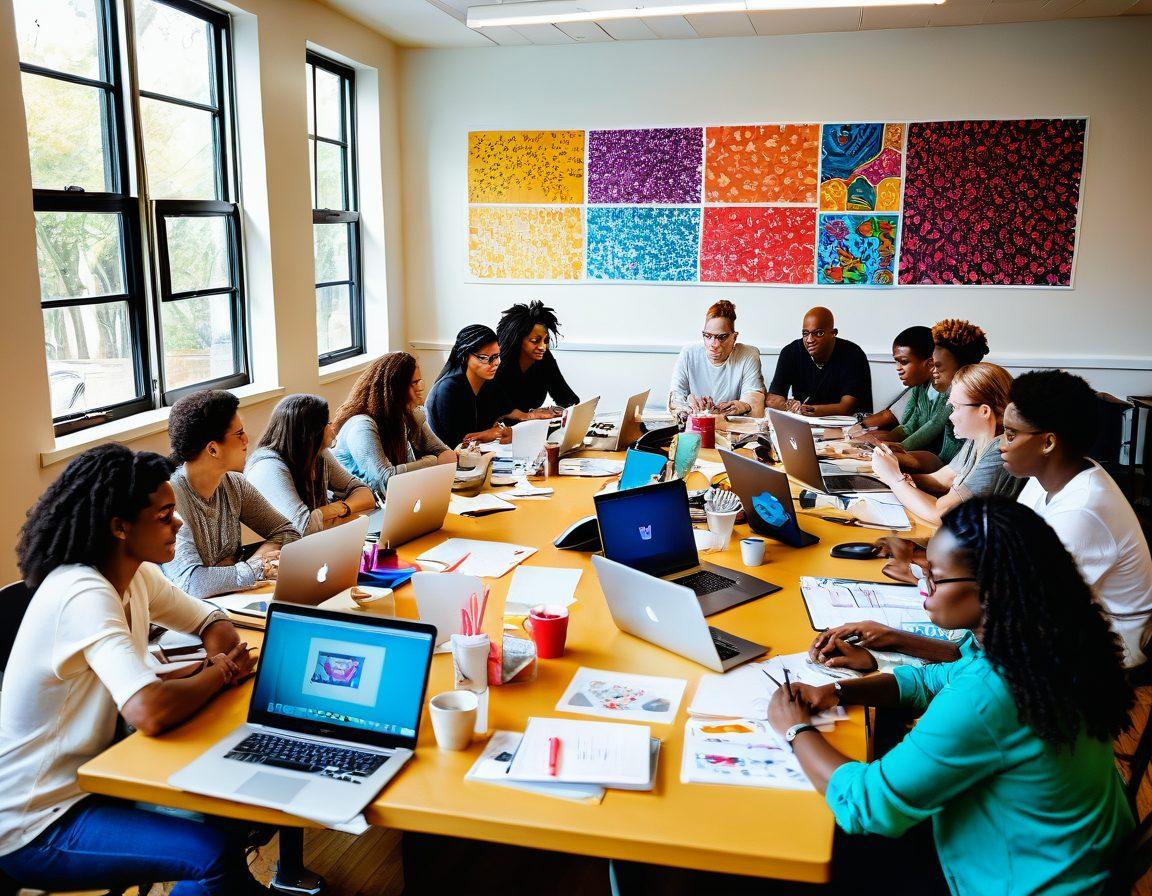 A vibrant scene depicting a diverse group of individuals engaged in a collaborative nonprofit blogging session, sitting around a large table filled with laptops, notebooks, and colorful sticky notes. The background features a mural illustrating community empowerment themes, such as unity and support. Light streaming through large windows adds warmth and enhances the atmosphere. Symbolic elements like hearts and hands can be subtly incorporated into the design. super-realistic. vibrant colors. white background.