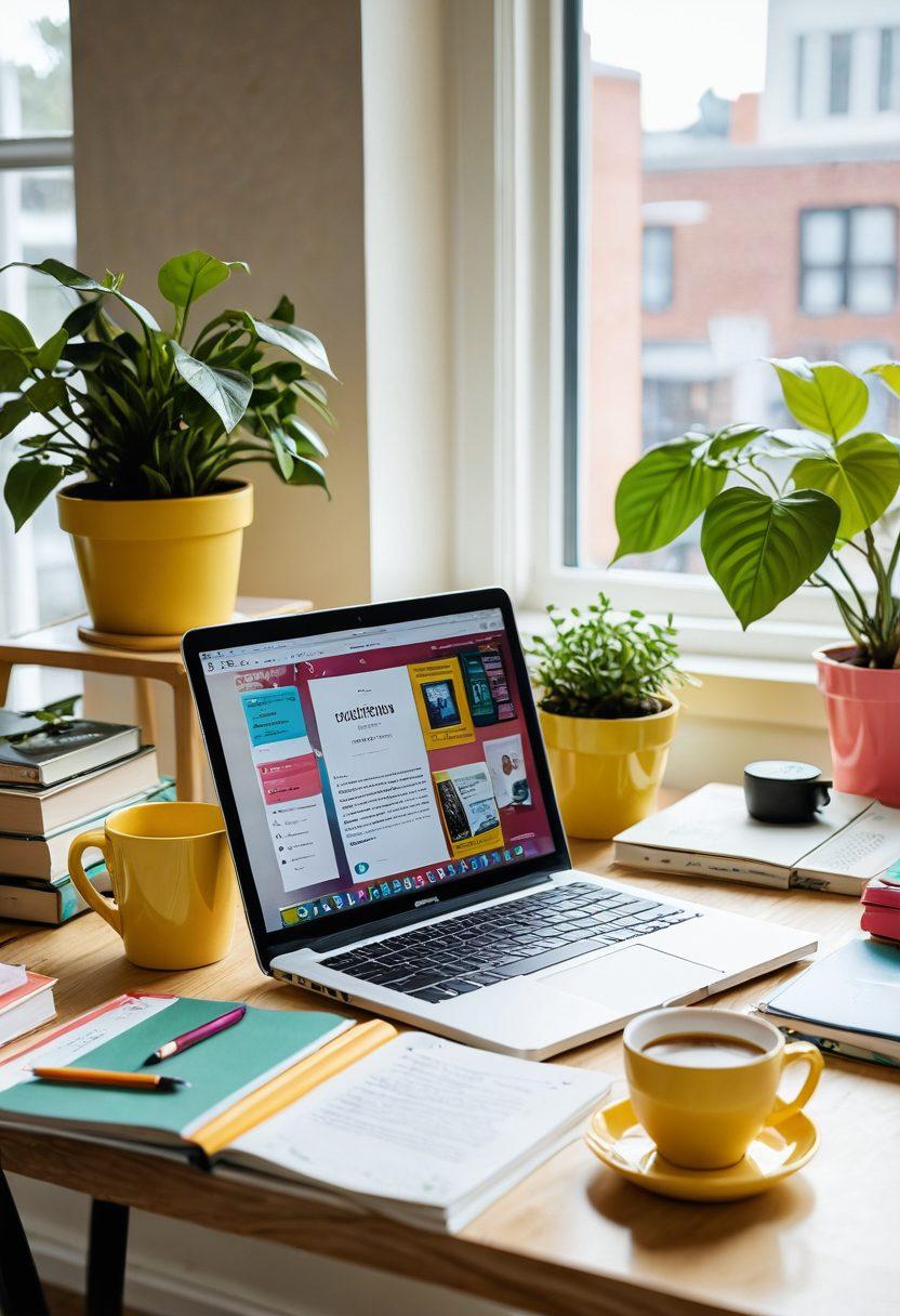 A vibrant workspace filled with an array of resources helpful for nonprofit bloggers, including colorful books, laptops displaying blog drafts, and coffee cups. Overlay subtle icons representing support such as donations, community connections, and social media engagement. The background features a sunlit window with plants, creating a warm atmosphere of creativity and collaboration. bright colors. super-realistic. white background.