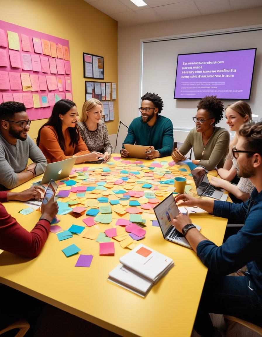 A vibrant scene depicting a diverse group of bloggers collaborating around a large round table, exchanging ideas and creating content. In the background, digital screens display nonprofit logos and community engagement statistics. The atmosphere is energetic and inclusive, with warm lighting and colorful post-it notes scattered about. Showcase elements of teamwork, innovation, and positivity. super-realistic. vibrant colors. 3D.
